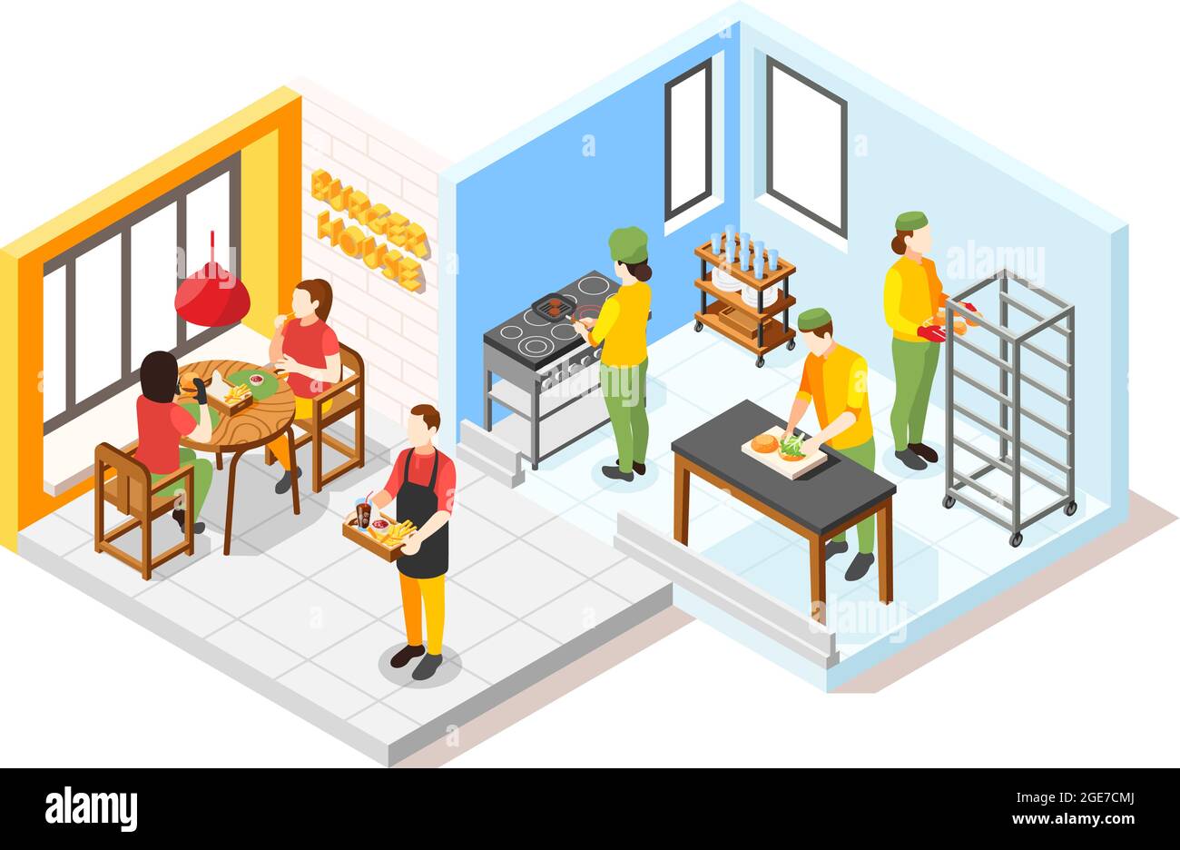 Isometrische Komposition des Burger House mit Blick auf das Gästezimmer und die Küche des Fast-Food-Restaurants mit Personenvektordarstellung Stock Vektor
