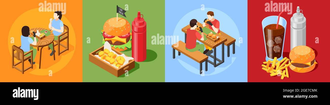 Isometrisches Design-Konzept des Burger House mit 4x1-Satz Fast-Food-Kompositionen mit Vektorgrafik für Besucherfiguren Stock Vektor