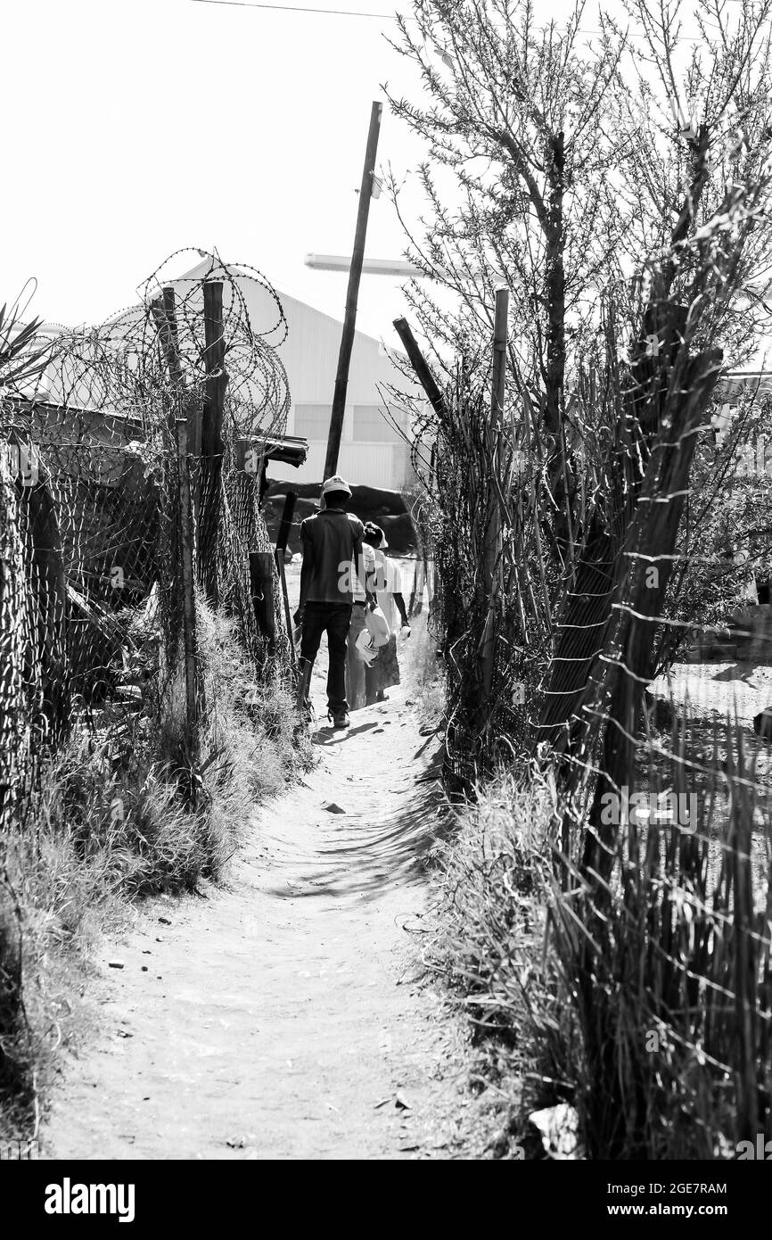 JOHANNESBURG, SÜDAFRIKA - 05. Jan 2021: Eine Graustufe eines schmalen Feldweges in einem Vorort von Soweto in Johannesburg, Südafrika Stockfoto