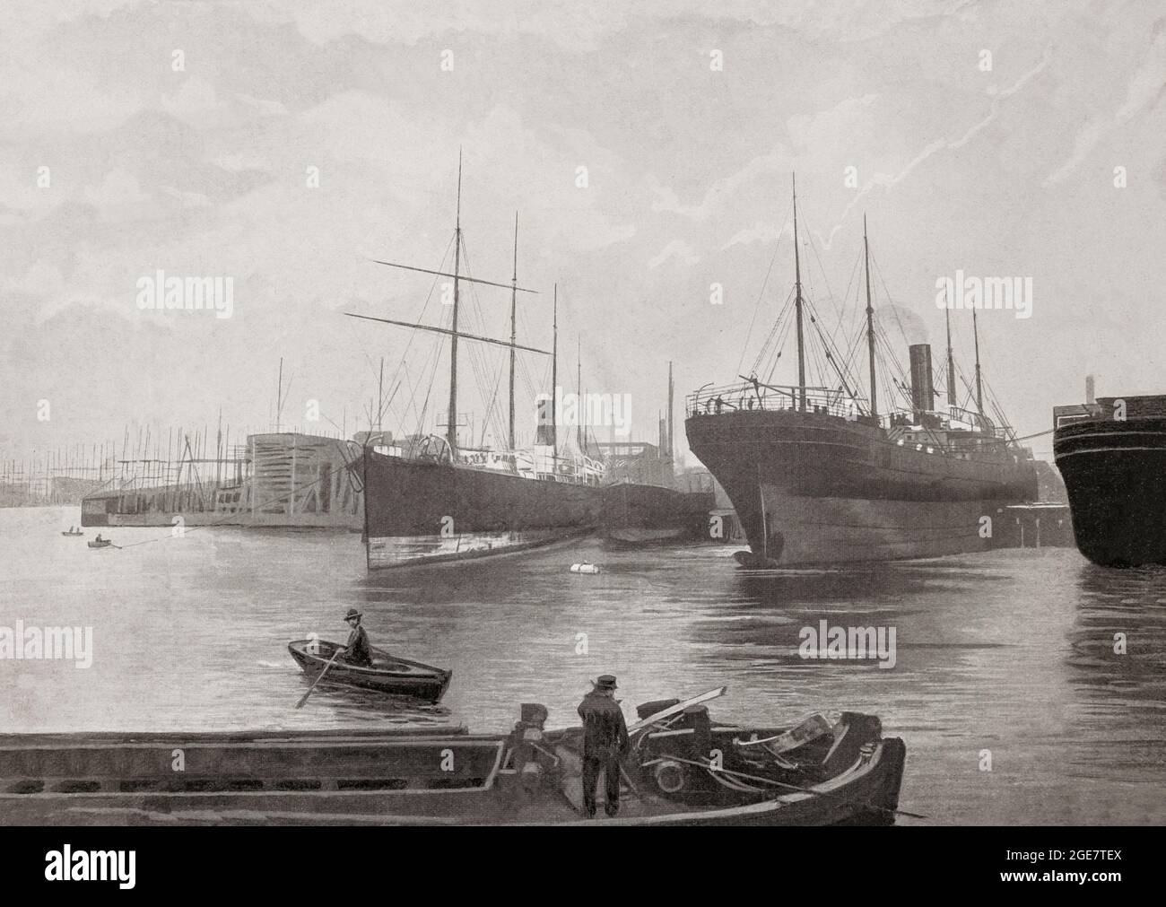 Eine Ansicht der Harland & Wolff Werft aus dem späten 19. Jahrhundert, die 1861 von Edward James Harland (1831–95) und dem 1834-jährigen Hamburger Gustav Wilhelm Wolff (1913–14) gegründet wurde. 1858 kaufte Harland, der damalige General Manager, die kleine Werft auf Queen's Island von seinem Arbeitgeber Robert Hickson. Das Hotel liegt in Belfast, der Hauptstadt und größten Stadt Nordirlands, am Ufer des Flusses Lagan an der Ostküste. Zu den bekannten Schiffen, die von der Werft gebaut wurden, gehören das Trio der Olympischen Klasse: RMS Titanic, RMS Olympic und RMS Britannic. Stockfoto