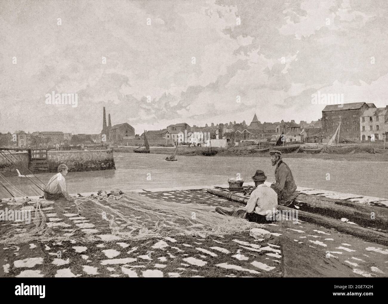 Eine Ansicht aus dem 19. Jahrhundert von Claddagh, dem ältesten Fischerdorf in Galway City Ireland, wo die Galway Bay auf den Fluss Corrib trifft. Das Dorf Claddagh behielt seine eigenen Bräuche und Traditionen aufrecht und hatte sogar einen eigenen König, der Streitigkeiten unter den Einheimischen beilegte, große Entscheidungen traf und als mächtige Figur unter den Fischern angesehen wurde. Die Menschen lebten überwiegend durch die Fischerei mit großen Flotten von Segelbooten, die Galway-Nutten genannt werden. Stockfoto