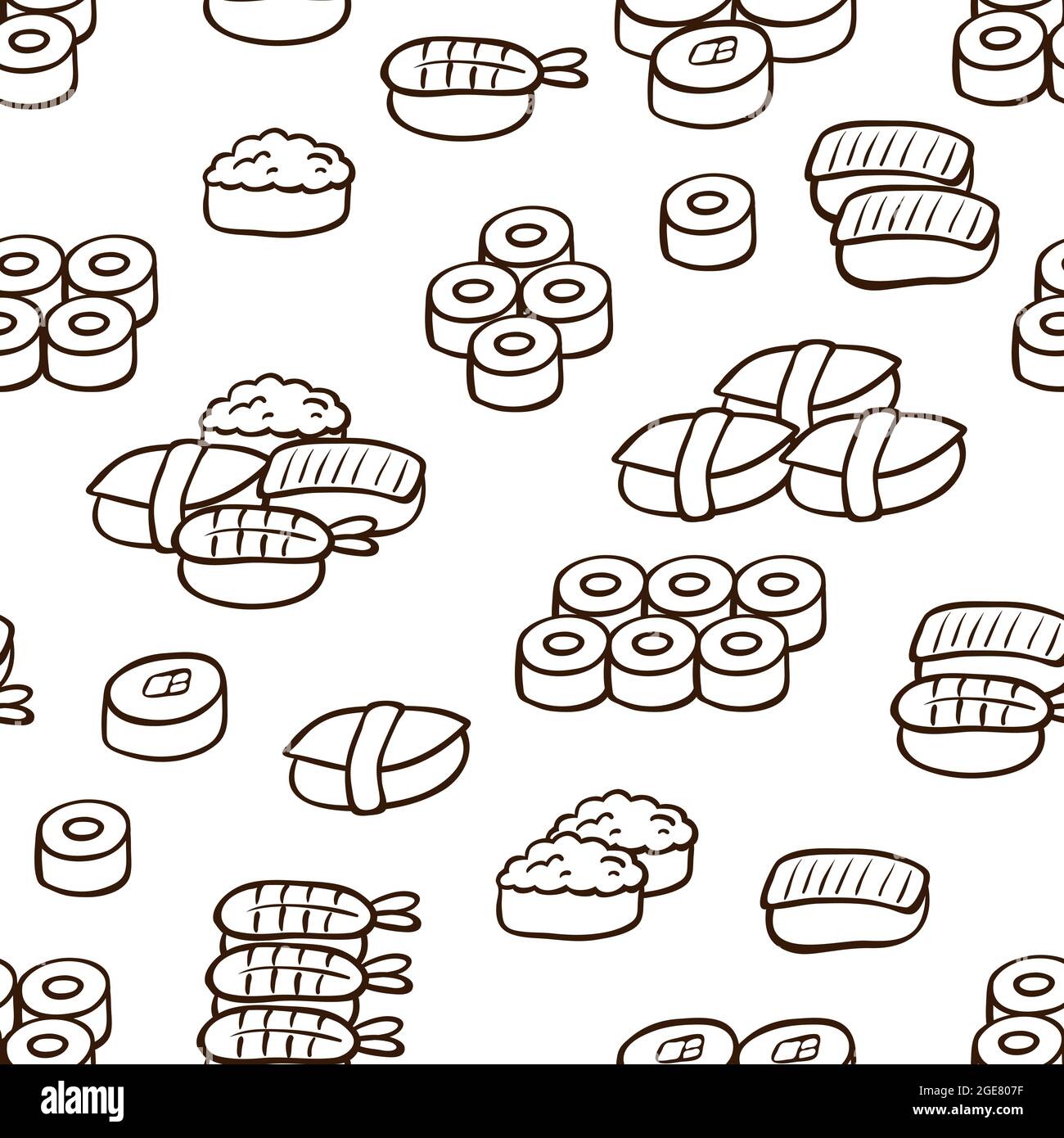 Nahtloser schwarz-weißer Hintergrund mit verschiedenen Sushi, Vektor-Illustration Stock Vektor