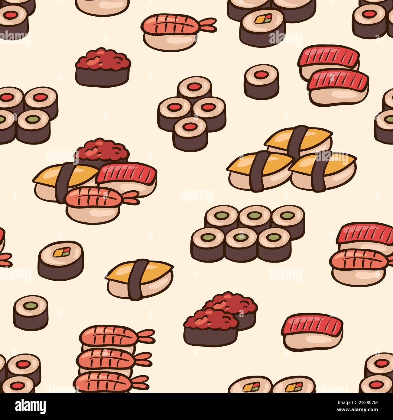 Nahtloser Hintergrund mit verschiedenen Sushi, Vektor-Illustration Stock Vektor