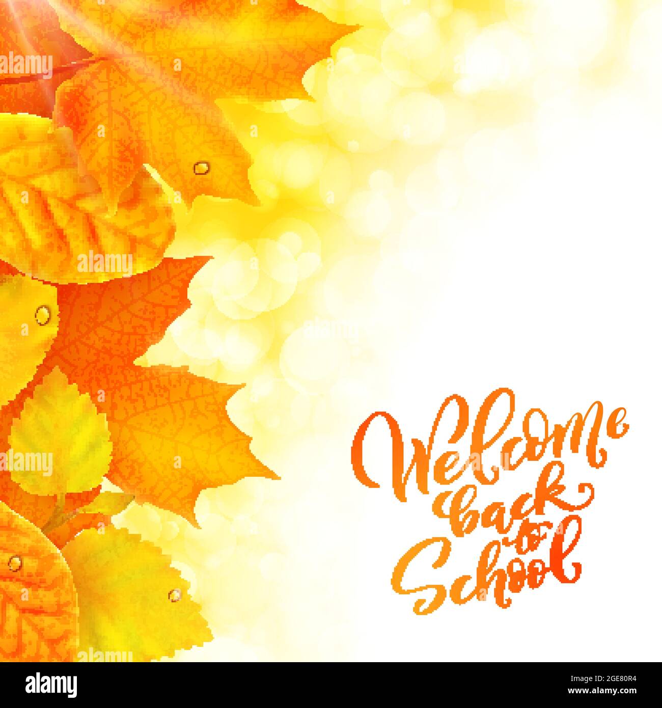 Willkommen zurück in der Schule handgezeichnete Schriftzüge Hintergrund mit realistischen Herbstblättern verziert. Vektorgrafik Stock Vektor