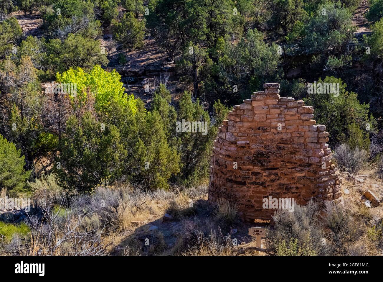 Das elegante Steinmauerwerk der Strukturen von Cutthroat Castle im Hovenweep National Monument, Colorado, USA Stockfoto