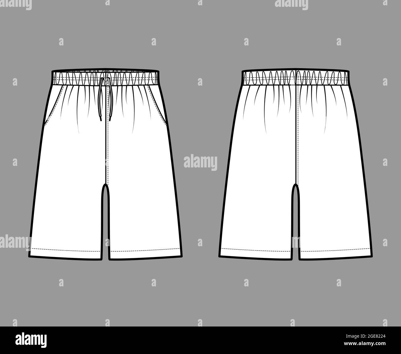 Shorts Sporttraining Bermuda Activewear technische Mode-Illustration mit elastischem Bund, Bund, Kordelzug, entspannter Passform, Oberschenkellänge. Flatbottom Bekleidung vorne hinten, weiß. Frauen, Männer Stock Vektor