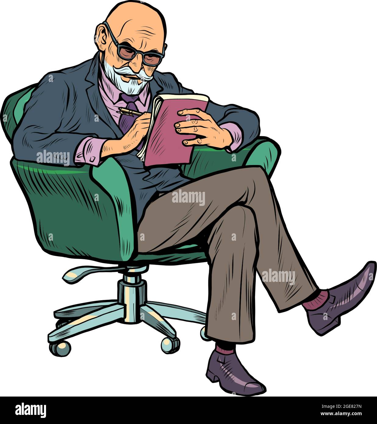 Ein älterer Psychotherapeut hört aufmerksam zu und schreibt in ein Notizbuch. Psychotherapiesitzung Stock Vektor