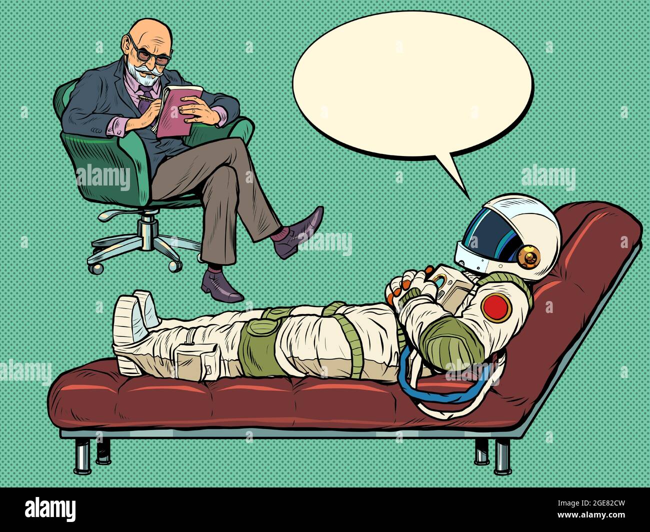 Eine Psychotherapie-Sitzung. Der Psychotherapeut sieht einen Astronauten, der Patient liegt auf der Couch Stock Vektor