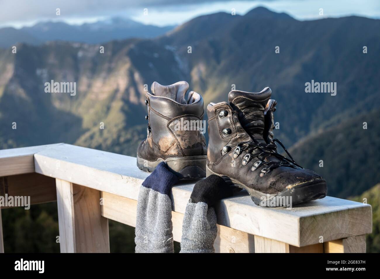 Wanderschuhe und Socken, die am Zaun trocknen, Paparoa Track, (einer der tollen Wanderungen Neuseelands) Paparoa National Park, Westküste, Südinsel, Neuseeland Stockfoto