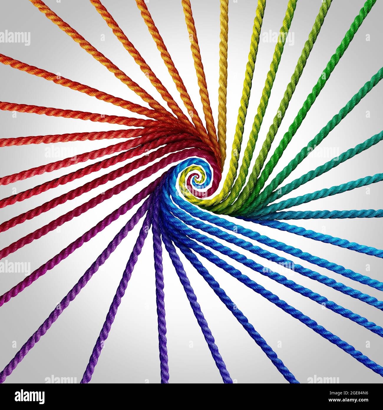 Gruppenpartner vereinte und vielfältige Partnerschaft als Schwerpunkt mit Seilobjekten, die zu einem Spektrum von Regenbogenfarben kombiniert werden. Stockfoto