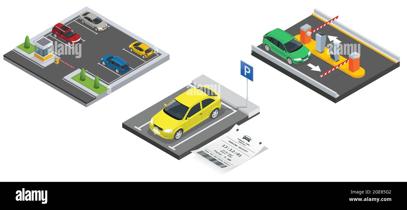 Isometrischer Stadtparkplatz mit einer Reihe verschiedener Autos. Öffentlicher Parkplatz. Auto auf dem Parkplatz und Parkscheine. Stock Vektor