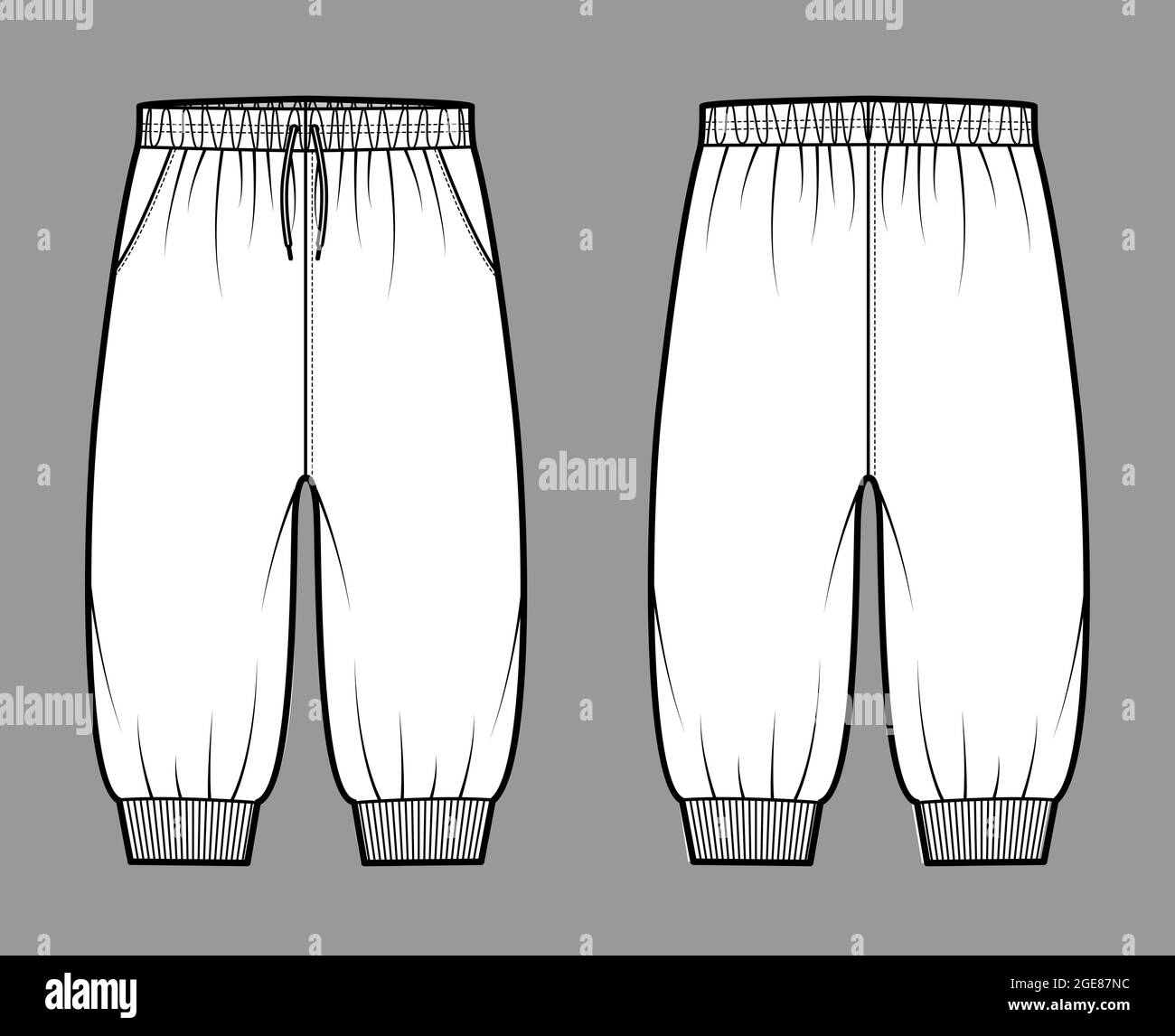 Shorts Sweatpants technische Mode-Illustration mit elastischen Bündchen, niedriger Taille, Bund, Tunnelzug, Knielänge. Flache Jogginghose Hose Schablone vorne, hinten, weiß. Frauen Männer CAD-Modell Stock Vektor