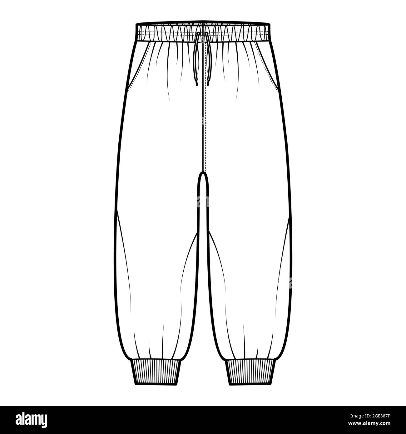 Shorts Sweatpants technische Mode-Illustration mit elastischen Bündchen, niedriger Taille, Bund, Tunnelzug, Wadenlänge. Flache Trainingshose Bekleidungsvorlage vorne, weiß. Frauen Männer Unisex CAD Mockup Stock Vektor