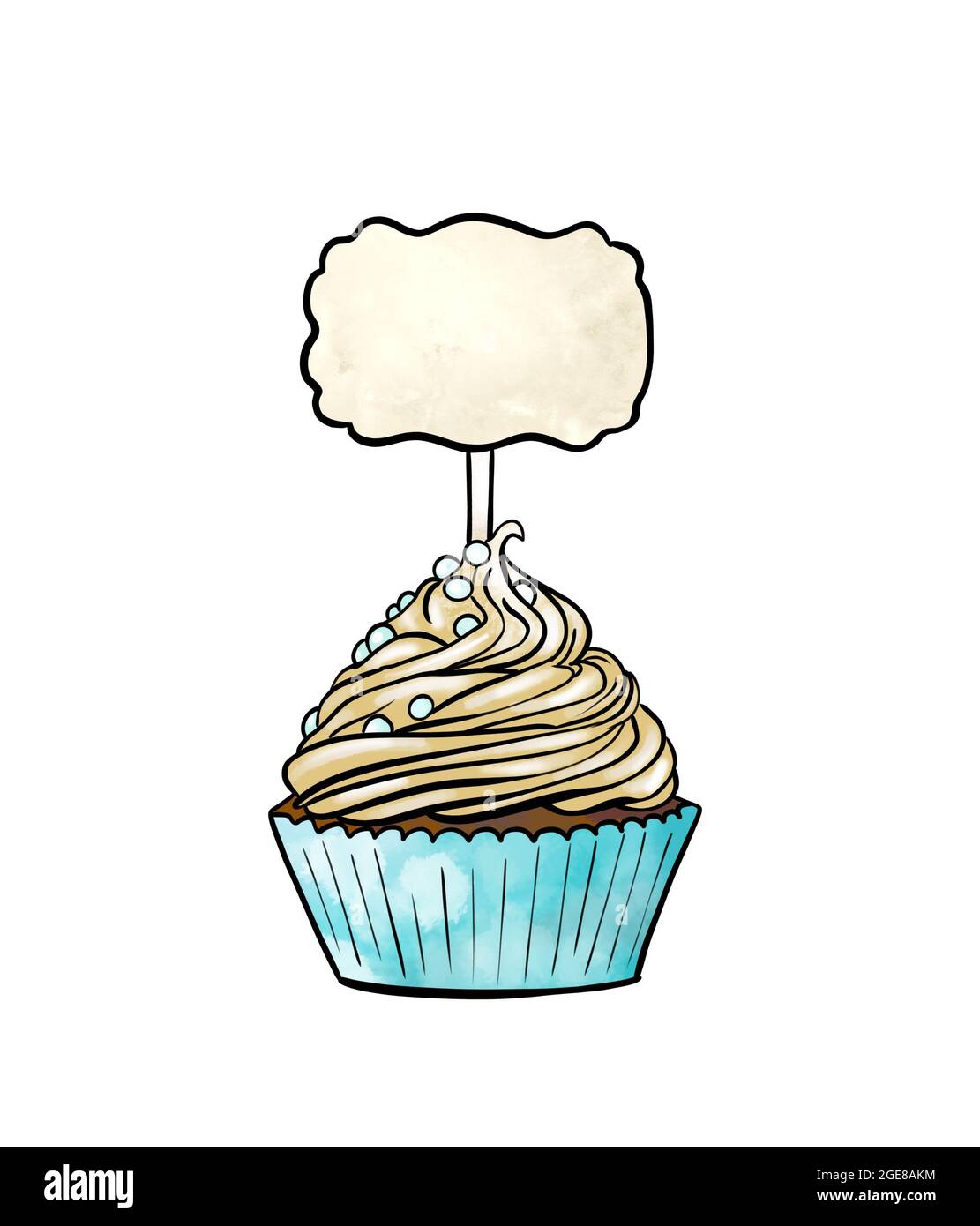 Illustration einer farbigen Zeichnung von Süßigkeiten: Cupcake mit Notizbrett auf weißem, isoliertem Hintergrund. Hochwertige Illustration Stockfoto