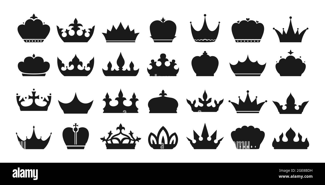 Königliche Krone Zeichen Silhouette schwarz gesetzt. Königskronen, majestätisches Koronett und Luxus-Tiara-Ikone. Königin oder Prinzessin Schmuck heraldischen Hut Insignien. Monochromes Logo Emblem vintage antike Kaiser Symbole Stock Vektor