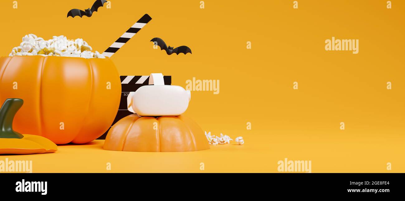 Halloween Film Party Konzept, Virtual Reality-Headset, Kürbis Popcorn Eimer, Film Klapper Board, Fledermäuse, Kopieren Sie Platz für Ihren Text auf orange Backgrou Stockfoto