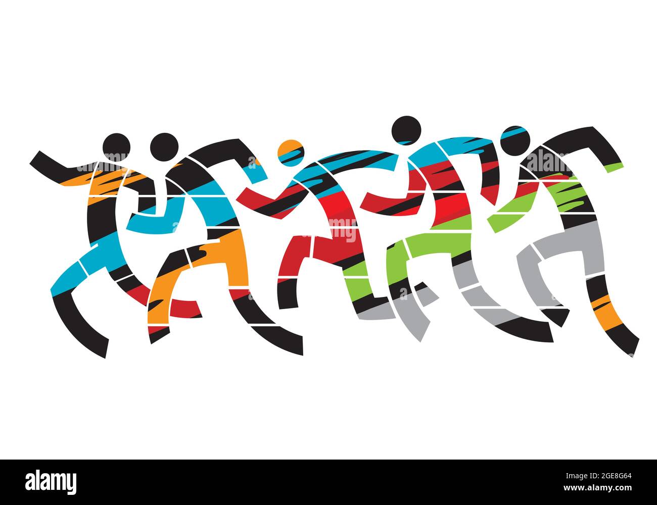 Läufer, Laufrennen. Bunte abstrakte stilisierte Illustration von fünf Läufern.Vektor verfügbar. Stock Vektor