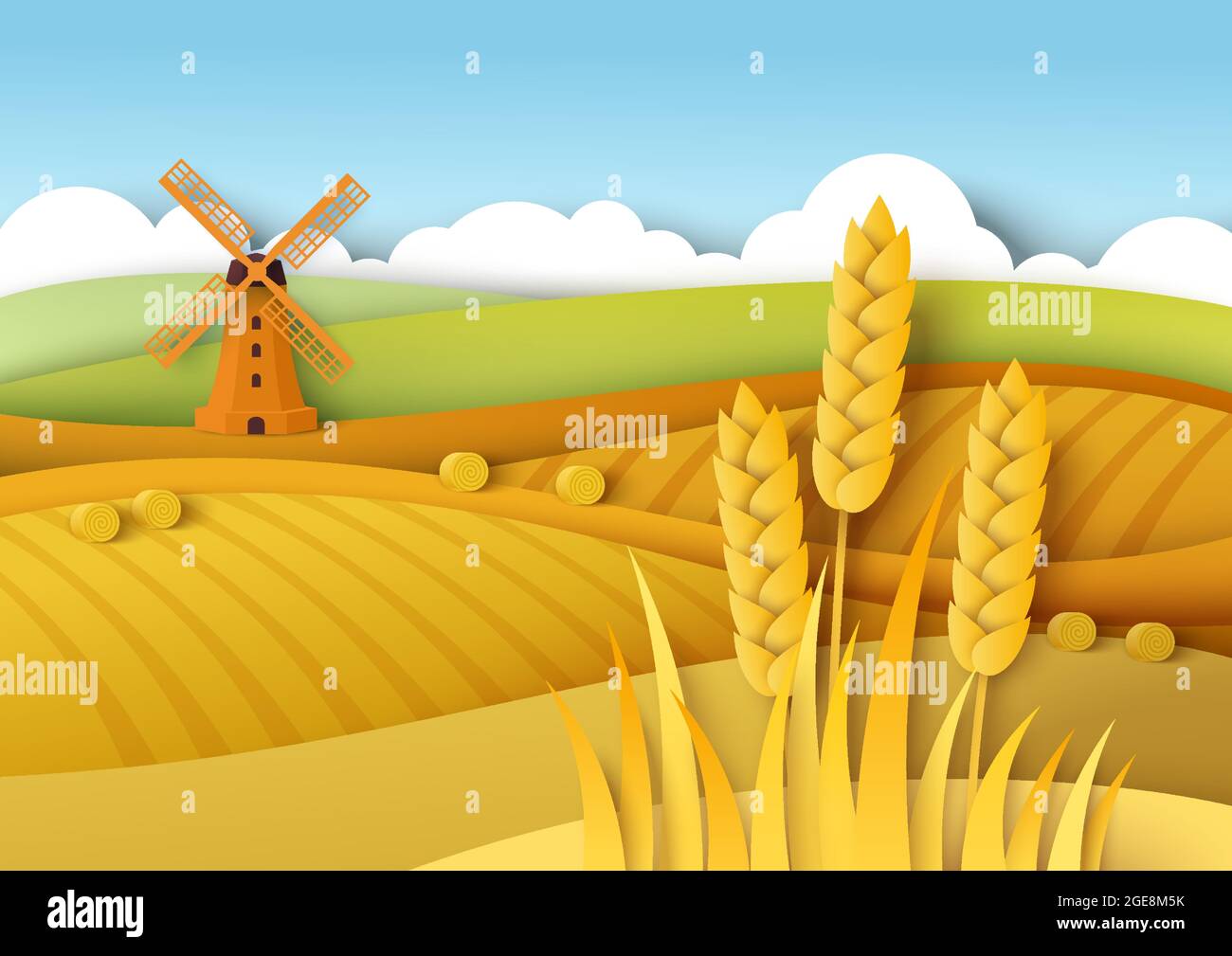 Ländliche Landschaft. Weizenfelder, Windmühle, Vektor-Papier geschnitten Illustration. Feldfrucht, Landwirtschaft, Landwirtschaft. Erntezeit Stock Vektor