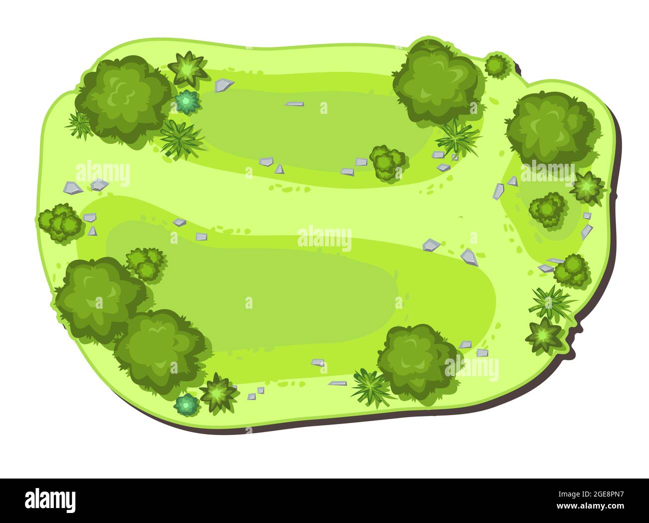 Kleiner Wald mit Höhe. Park mit Bäumen. Blick von oben. Pflanzenlandschaft. Insel. Grüne Tierwelt. Draufsicht. Hintergrund Illustration in Cartoon-Stil Stock Vektor