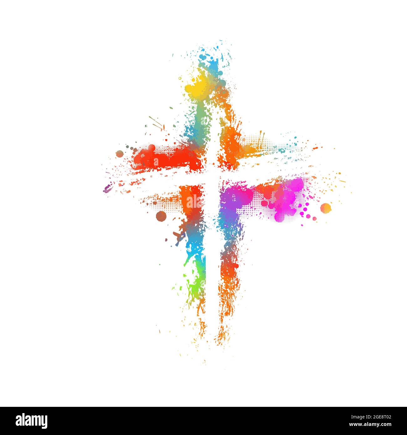 Mehrfarbiger Kreuzverfärbungen. Kreuz aus Regenbogenblots. Frohe Ostern. Vektorgrafik Stock Vektor