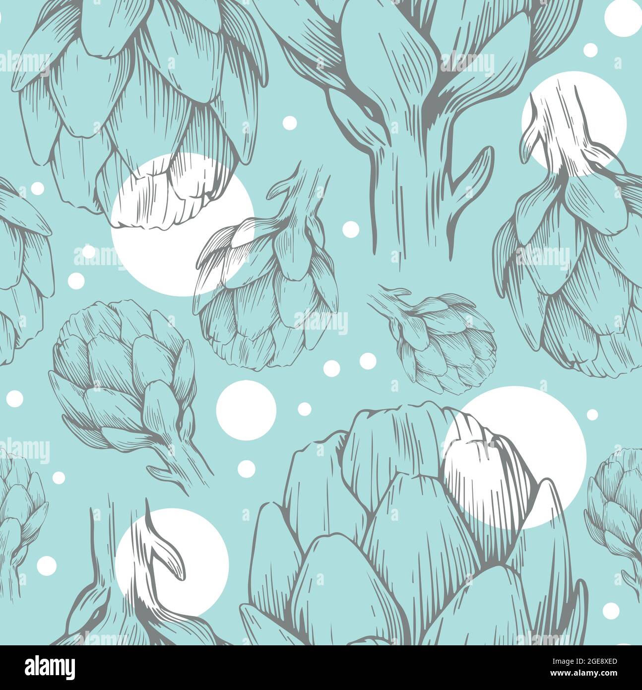 Nahtloses Muster mit handgezeichneten Artischocken. Vektorgrafik. Botanisches Muster für Textilien und Tapeten. Stock Vektor