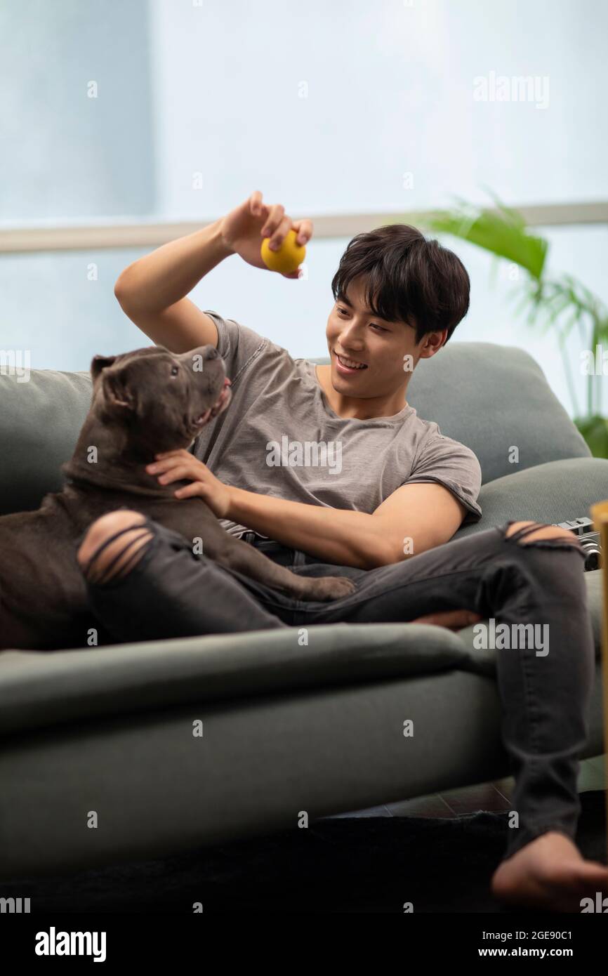 Junger Chinese mit Hund auf dem Sofa Stockfoto