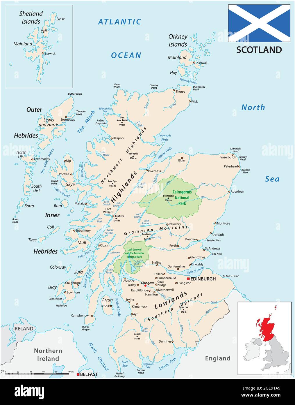 Eine detaillierte farbige Vektorkarte von Schottland Stock Vektor