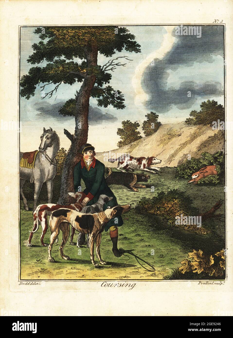 Hasen Coursing, 18. Jahrhundert. Ein Jäger steht mit drei Windhunden, während andere Hunde einem Hasen nachjagen. Handkolorierter Kupferstich von Thomas Pratent nach einer Illustration von Daniel Dodd aus William Augustus Osbaldistons The British Sportsman, or Adleman, Gentleman and Farmer’s Dictionary of Recreation and Amusement, J. Stead, London, 1792. Stockfoto