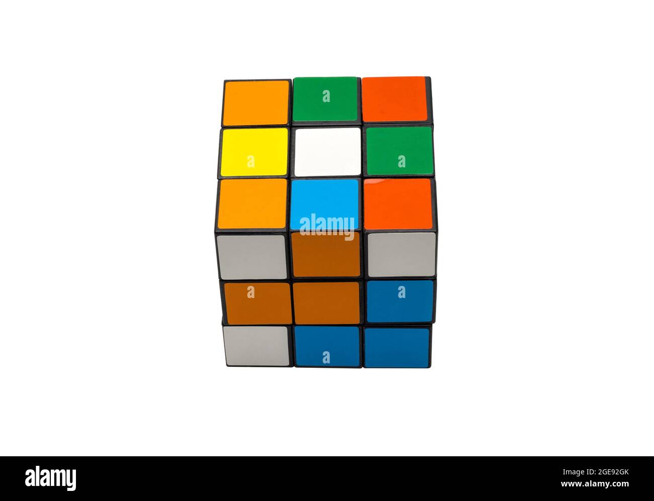 Ungelöster rubik Puzzle-Würfel auf weißem Hintergrund Stockfoto