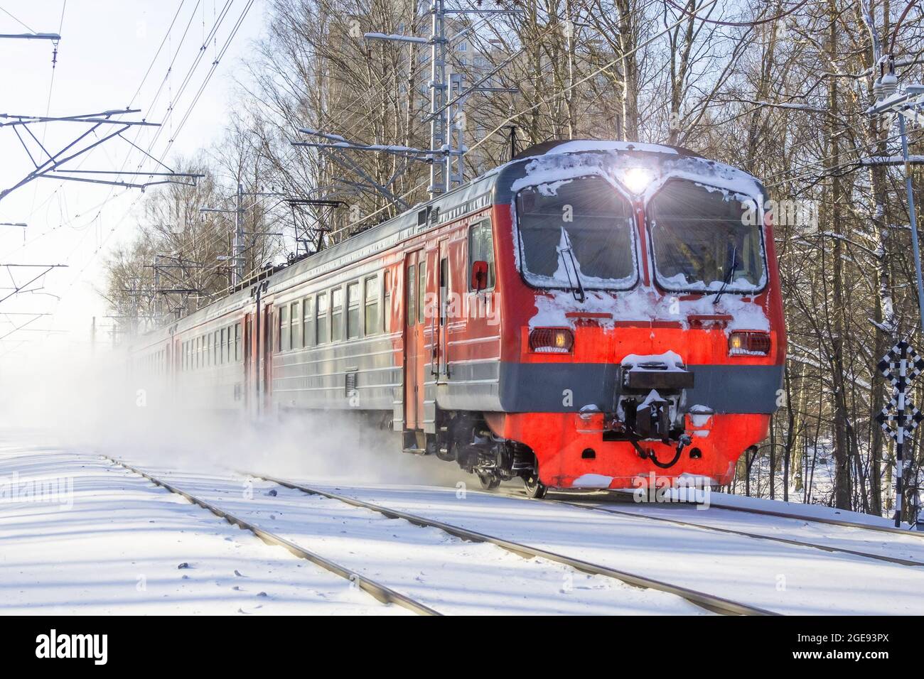 Der elektrische S-Zug fährt durch einen verschneiten Park Stockfoto