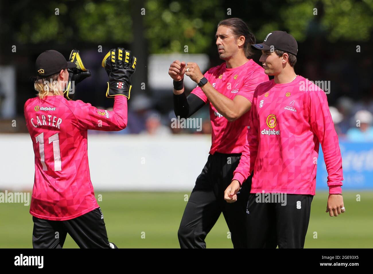 David Wiese von Sussex feiert mit seinen Teamkollegen, nachdem er das Wicket von Sir Alastair Cook während Essex Eagles vs Sussex Sharks, Royal London O, genommen hat Stockfoto