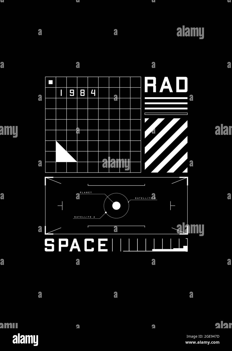 Space 1984 T-Shirt und Bekleidungsdesign mit der 80er Jahre Raum Ästhetik retro-future. Retrofuturistische HUD-Schnittstelle, Raster, Skalen. Schwarz und Weiß Stock Vektor