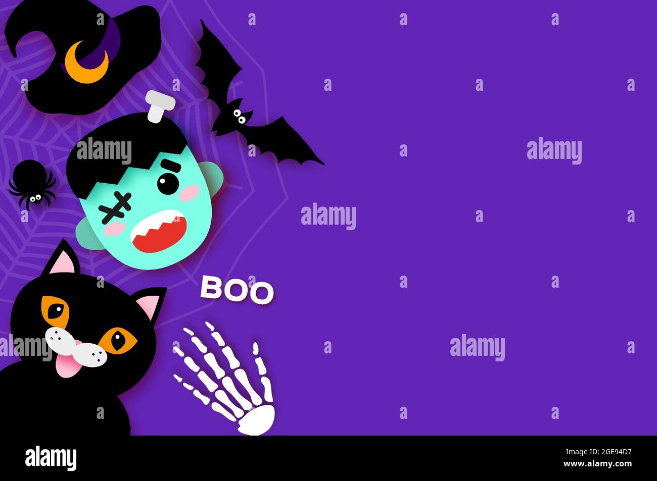 Frohe Halloween. Monster Frankenstein. Schwarze Katze. Trick or Treat. Fledermaus, Spinne, Netz, Knochen Platz für Text Lila Vektor Stock Vektor