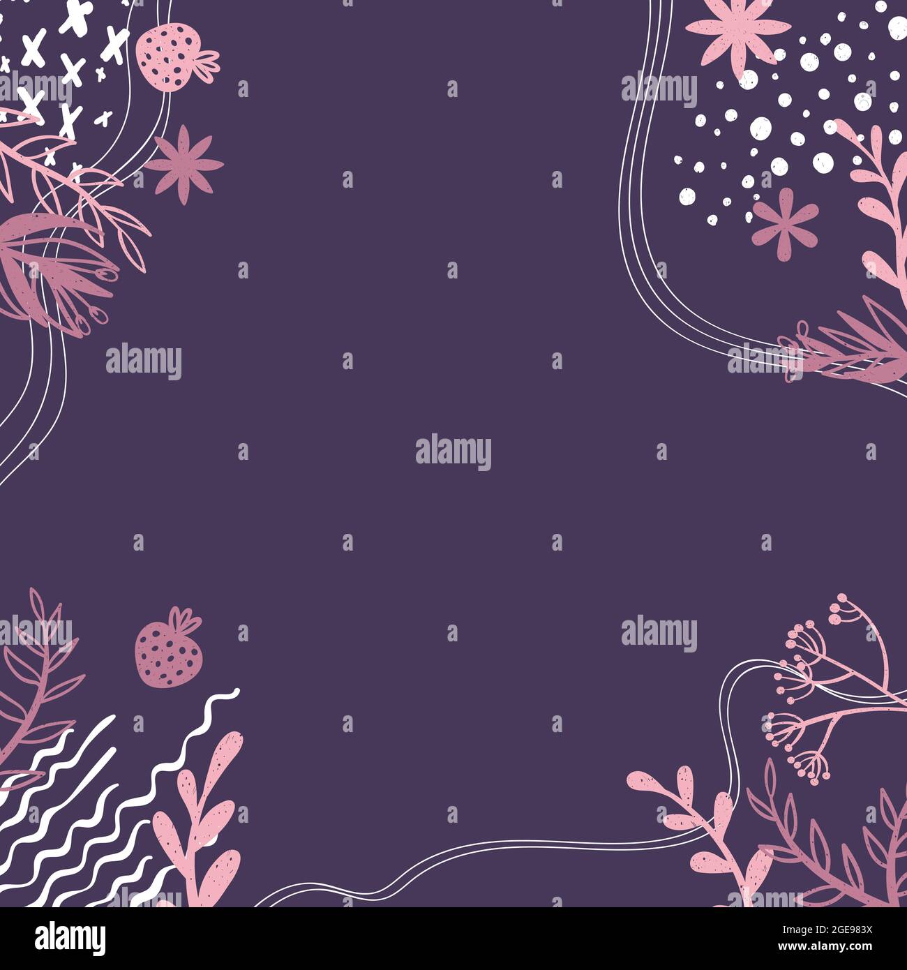 Quadratischer Hintergrund mit Doodle Blume und Blätter Silhouette und abstrakte Formen und Platz für Text. Banner mit Kopierfläche und handgezeichneter dekorativer Pl Stock Vektor