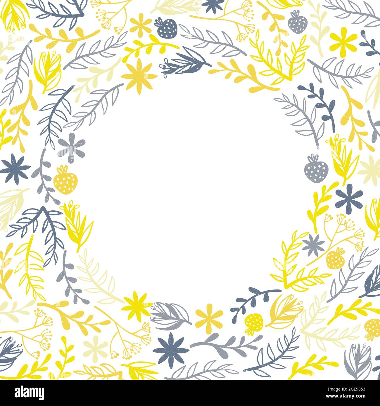 Quadratischer Hintergrund mit Doodle Blume und Blätter Silhouette mit Platz für Text. Farbenfrohes Banner mit Kopierraum und handgezeichneter Dekorationsanlage in SCA Stock Vektor