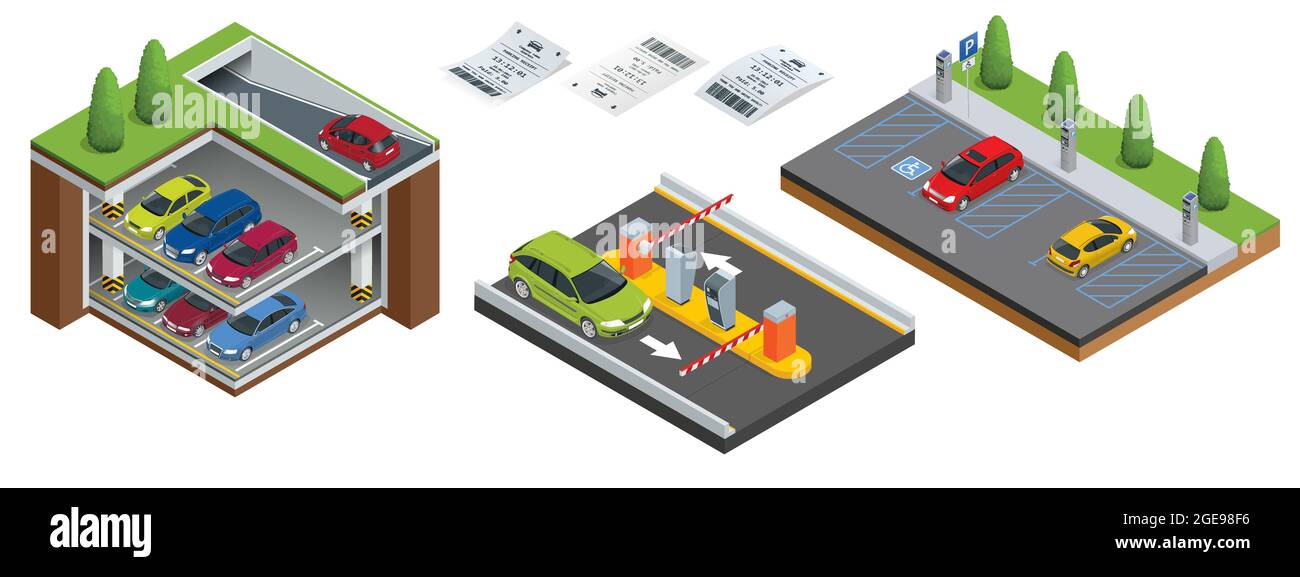 Isometrische Tiefgarage mit Autos. Parkhaus unter Haus oder Büro. Stadtparkplatz mit einer Reihe verschiedener Autos. Öffentlicher Parkplatz. Auto in Stock Vektor