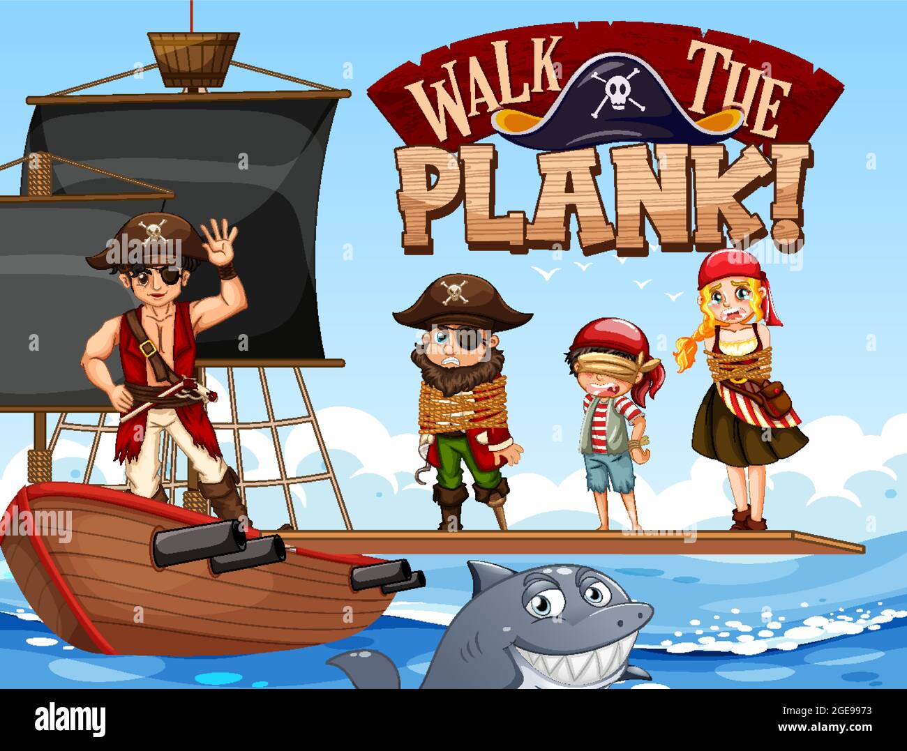 Viele Piraten Cartoon-Figur auf dem Schiff mit Walk the Plank Schriftart Banner Illustration Stock Vektor