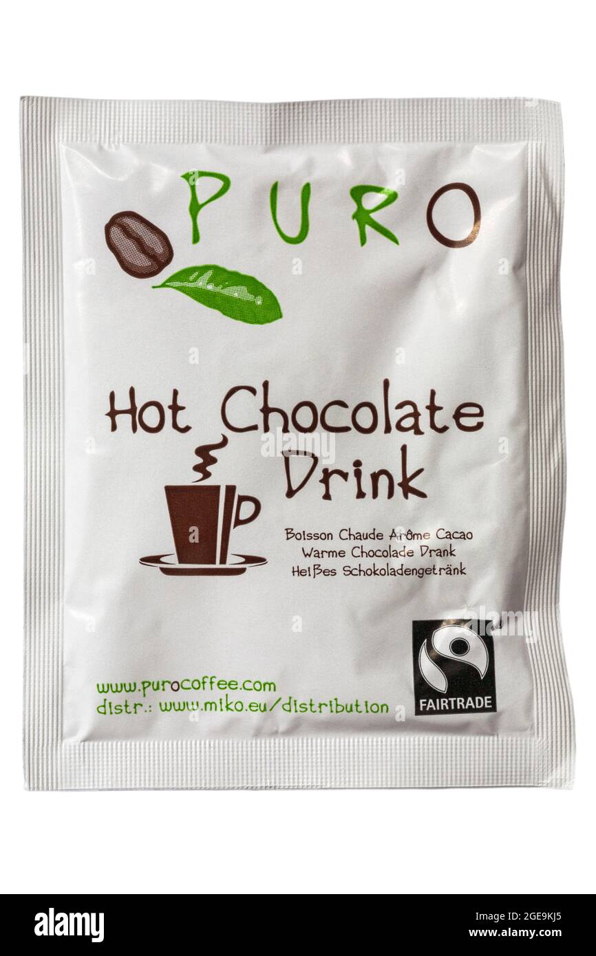 Beutel Puro Fairtrade Hot Chocolate Drink Fair Trade isoliert auf weißem Hintergrund Stockfoto