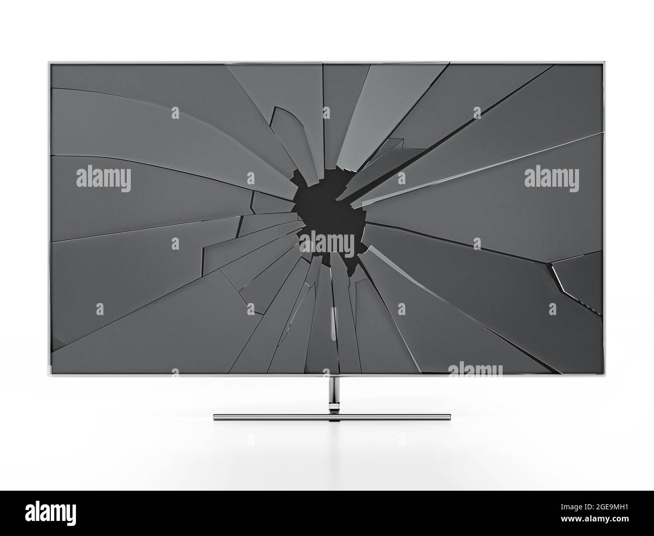 LCD-Fernseher mit zersplittertem Bildschirm, isoliert auf weißem Hintergrund. 3D-Illustration. Stockfoto