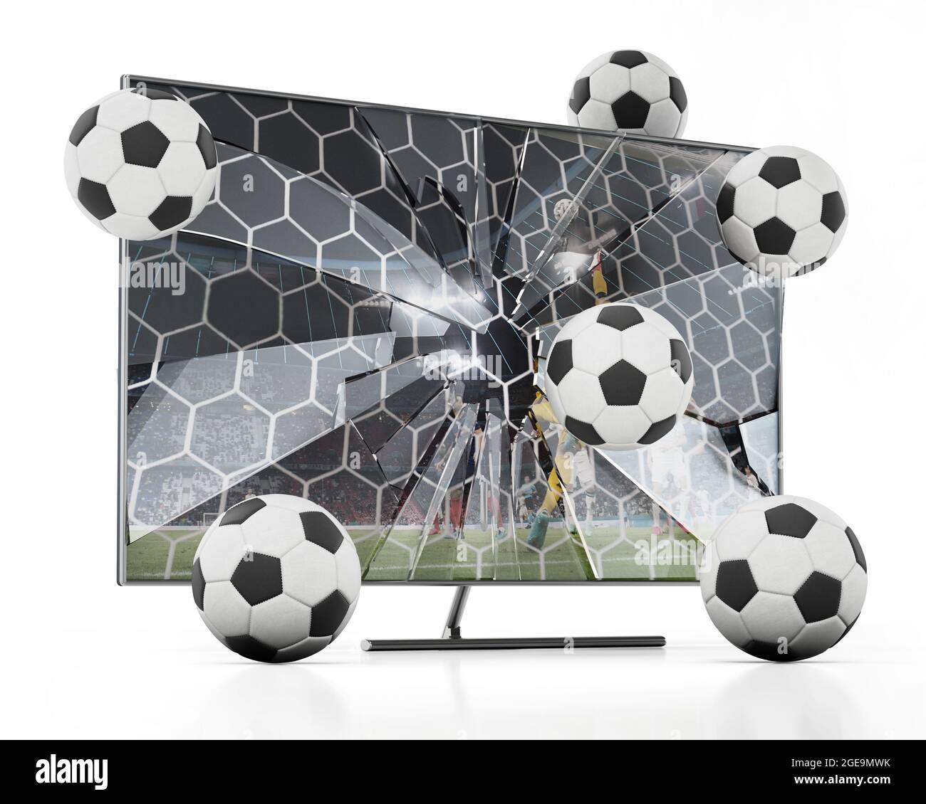 Fußballbälle schweben aus dem LCD-Fernseher mit zersplittertem Bildschirm. 3D-Illustration. Stockfoto