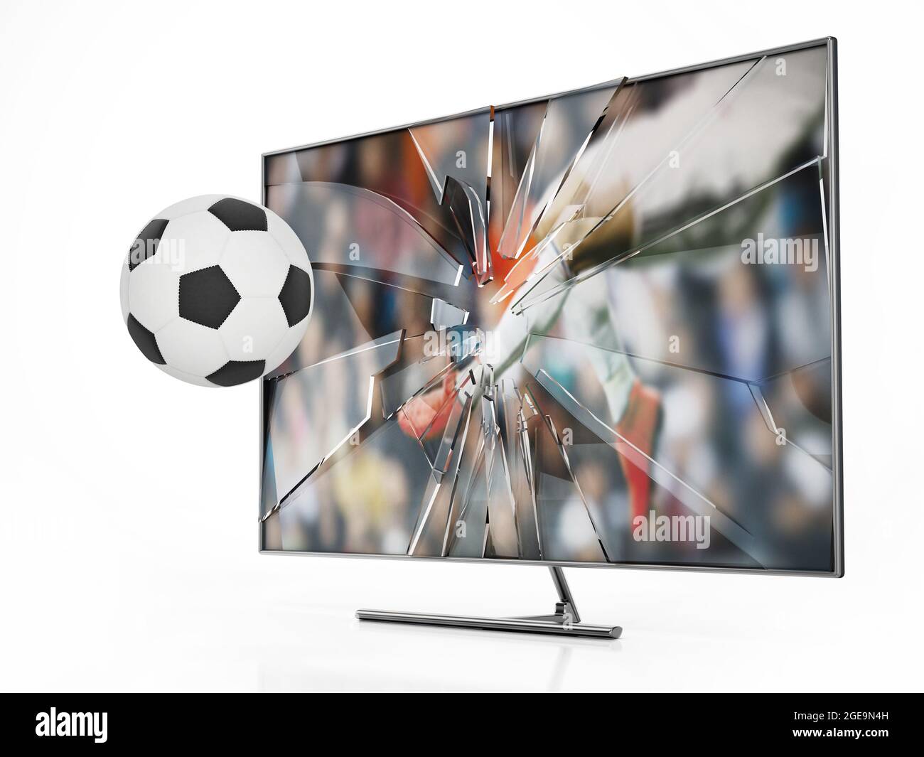 Fußball schwebt aus dem LCD-Fernseher mit zersplittertem Bildschirm. 3D-Illustration. Stockfoto