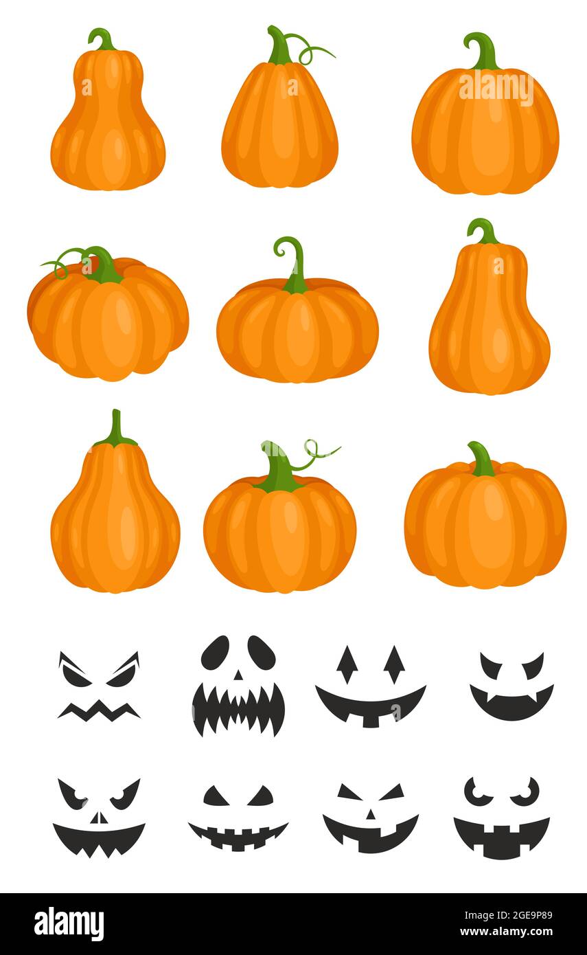 Cartoon orange Kürbis Jack Laterne, wütend geschnitzten schwarzen Gesichtern für Herbst helloween Partei isoliert auf weiß. Halloween Kürbisse und lächelnder gruseliger Geist Stock Vektor