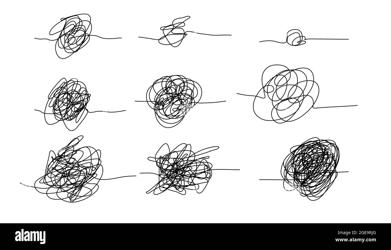 Binder-Knoten-Linienelemente. Chaotische Clew-Symbole für Chaos und vereinfachtes Konzept. Stock Vektor