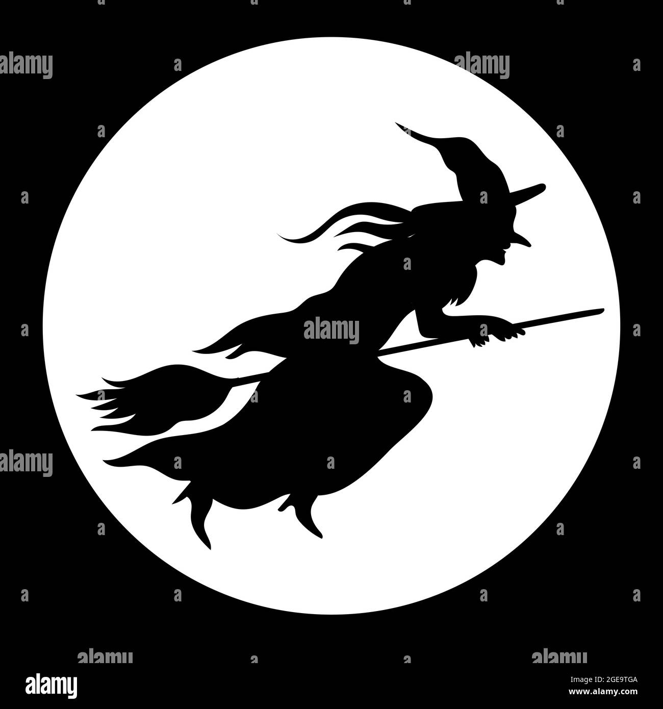 Silhouette einer Hexe, die auf einem Besen auf dem Vollmond-Hintergrund fliegt. Halloween Vektor Cliparts auf Weiß isoliert Stock Vektor