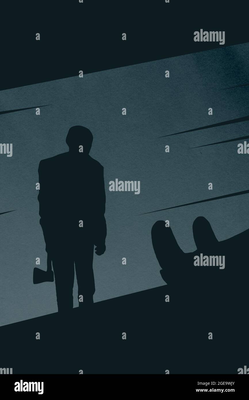 Der Mann hält eine Axt in der Hand und steht neben seinem Opfer. Stockfoto