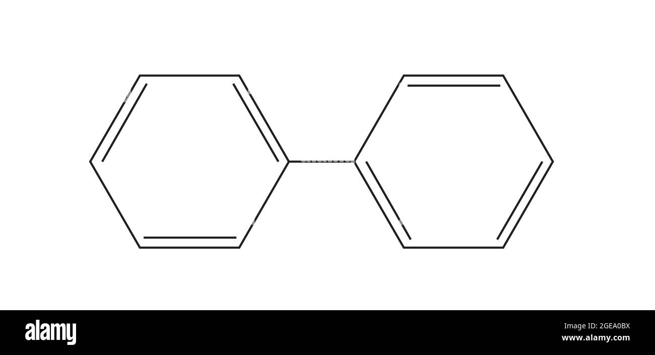 Chemische Struktur von Biphenyl, Anatomie von Biphenyl, Molekulare Struktur von Biphenyl, Chemische Formel von Biphenyl, Biphenylstruktur, Formel Biphen Stock Vektor