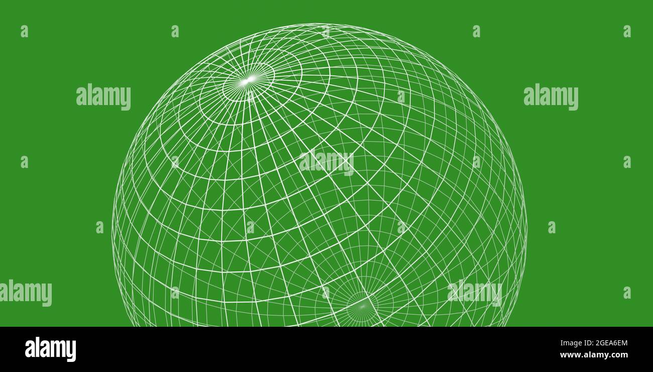 Wireframe Globus oder Kugel auf grünem Hintergrund, Visualisierung von Nordpol, Geographie oder Navigationskonzept mit Breiten- und Längengradkoordinaten Stockfoto