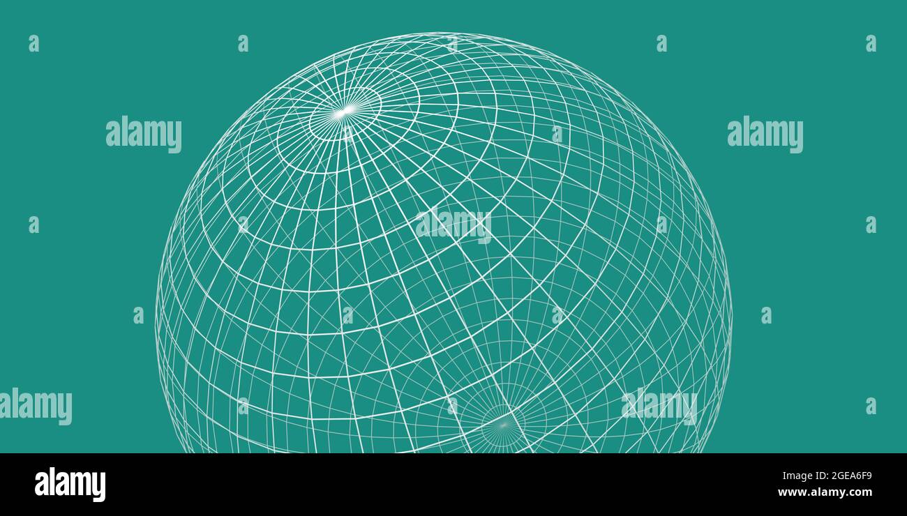 Wireframe Globus oder Kugel, türkisfarbener Hintergrund, Visualisierung des Nordpols, Geographie oder Navigationskonzept mit Breiten- und Längengradkoordinaten Stockfoto
