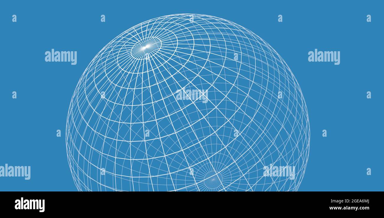Wireframe Globus oder Kugel auf blauem Hintergrund, Visualisierung von Nordpol, Geographie oder Navigationskonzept mit Breiten- und Längengradkoordinaten Stockfoto