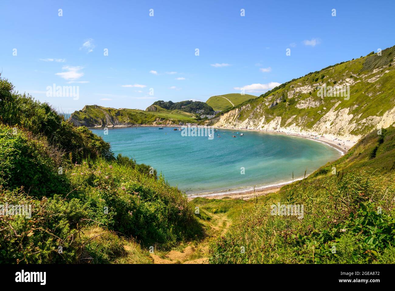 Mit Blick auf Lulworth Cove, West Lulworth, Dorset, Großbritannien, August, Sommer Stockfoto